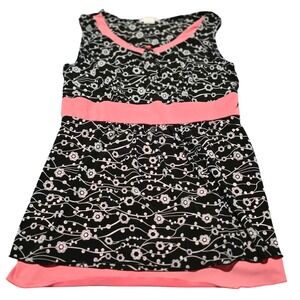 Y2K Vol 1 Black Floral Pink Trim Sleeveless V Neck Tank Women's Size L
